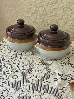 Set of 2 Vintage Brown and Tan Stoneware Bean Pots with Lids